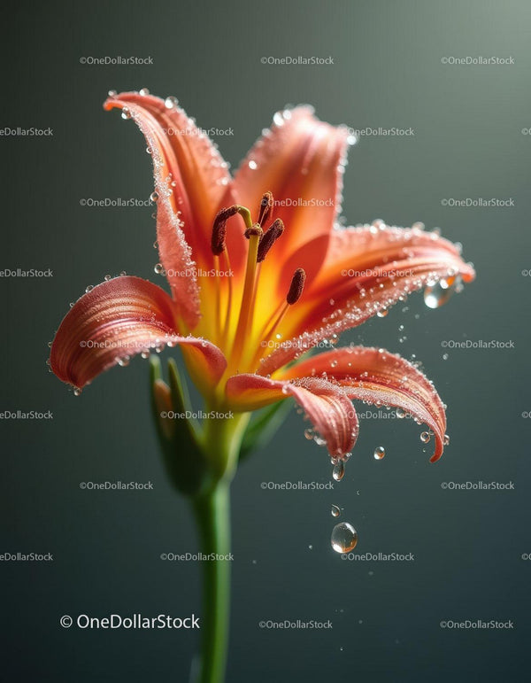 Zbliżenie Pomarańczowej Lilii z Kroplami Rosy na Zielonym Tle