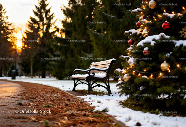 Snow-covered bench near decorated Christmas tree at sunset