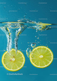 Fresh Lemon Slices Splashing into Clear Water
