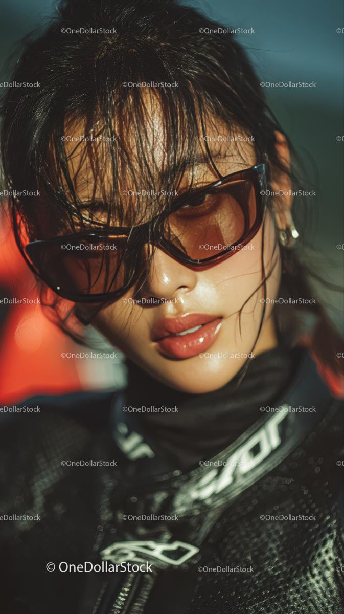Confident Female Rider in Sunglasses with Motorcycle Gear
