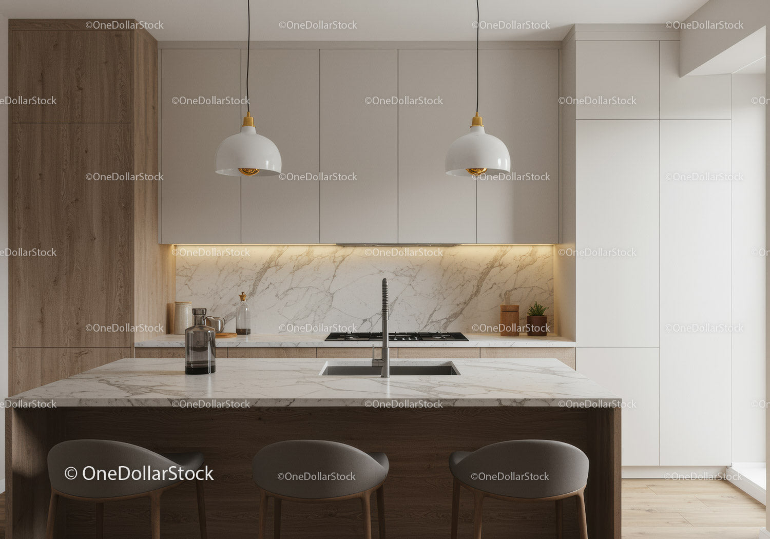 Contemporary Modern Kitchen with Marble Backsplash and Wooden Cabinets