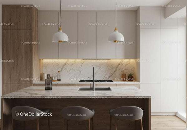 Contemporary Modern Kitchen with Marble Backsplash and Wooden Cabinets