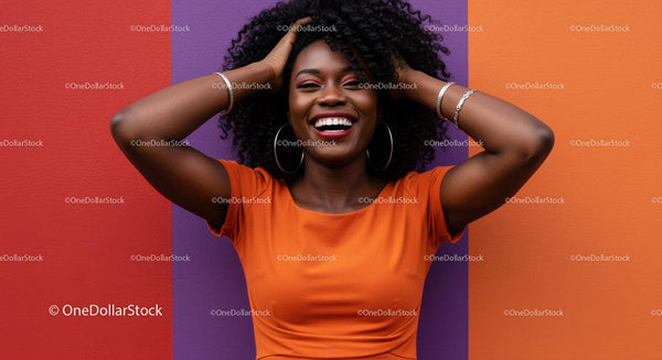 Vibrant Portrait of Smiling Black Woman with Curly Hair Against Colorful Background