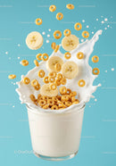 Crispy cereal rings and banana slices splashing in milk JPG Mockup Image preview