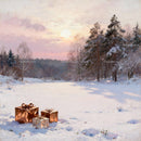 Golden gifts on snow in winter forest at sunset