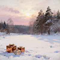 Golden gifts on snow in winter forest at sunset