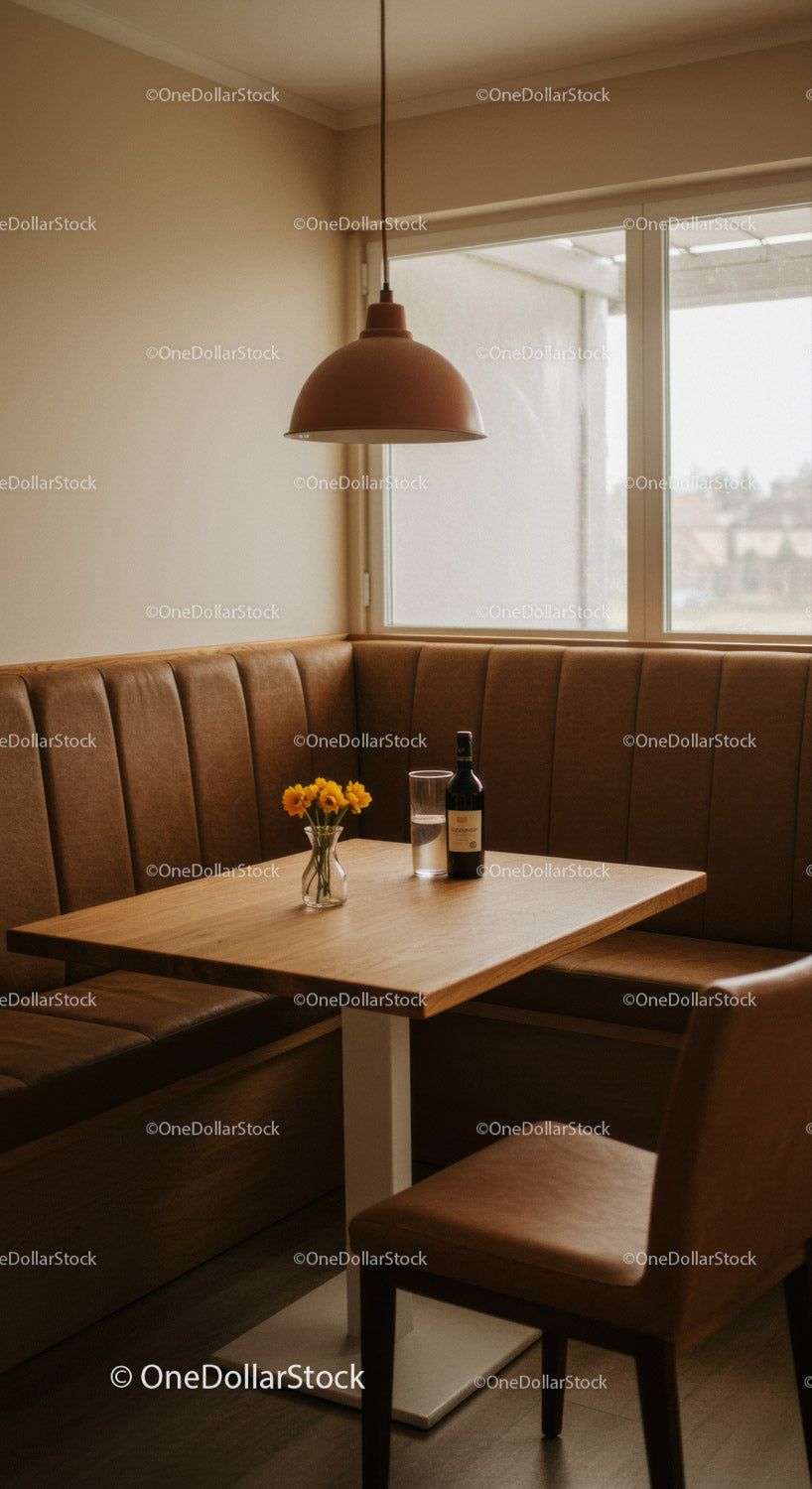 Warm Modern Cafe Interior with Leather Seating and Bright Window