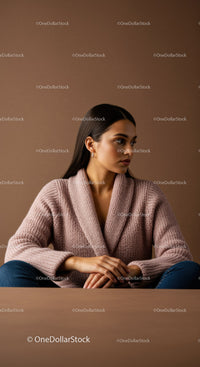Elegant Woman in Pink Knit Sweater with Dark Hair Sitting Indoors