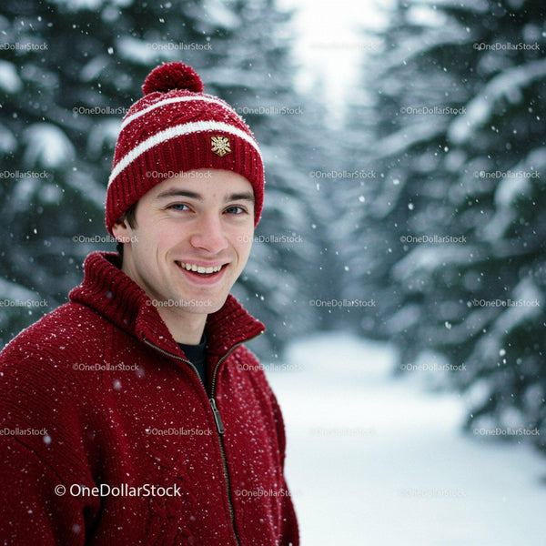 Smiling young man in red knitwear during snowstorm