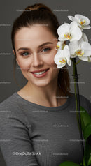 Smiling Woman with White Orchid Flowers in Elegant Portrait