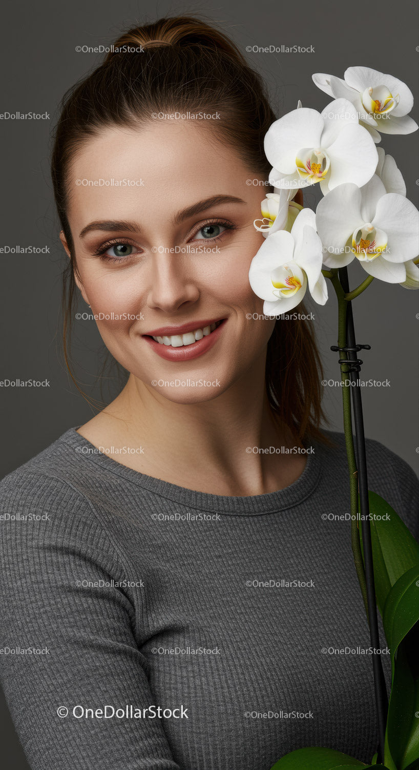 Smiling Woman with White Orchid Flowers in Elegant Portrait