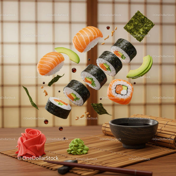 Floating sushi rolls with fresh avocado and sauce
