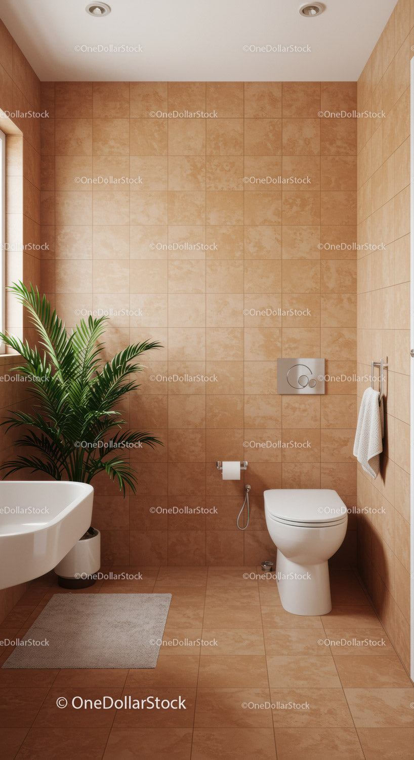 Modern Beige Tiled Bathroom with White Toilet and Green Plant