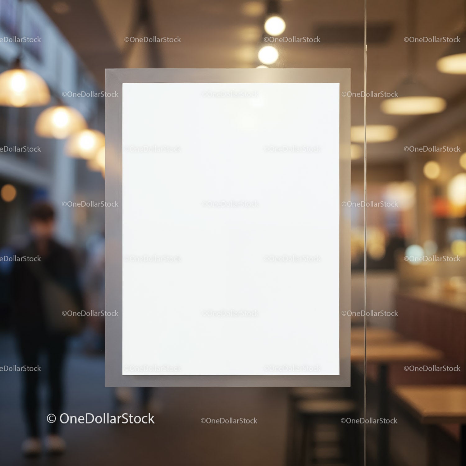 Blank Poster on Glass Window of Cozy Cafe