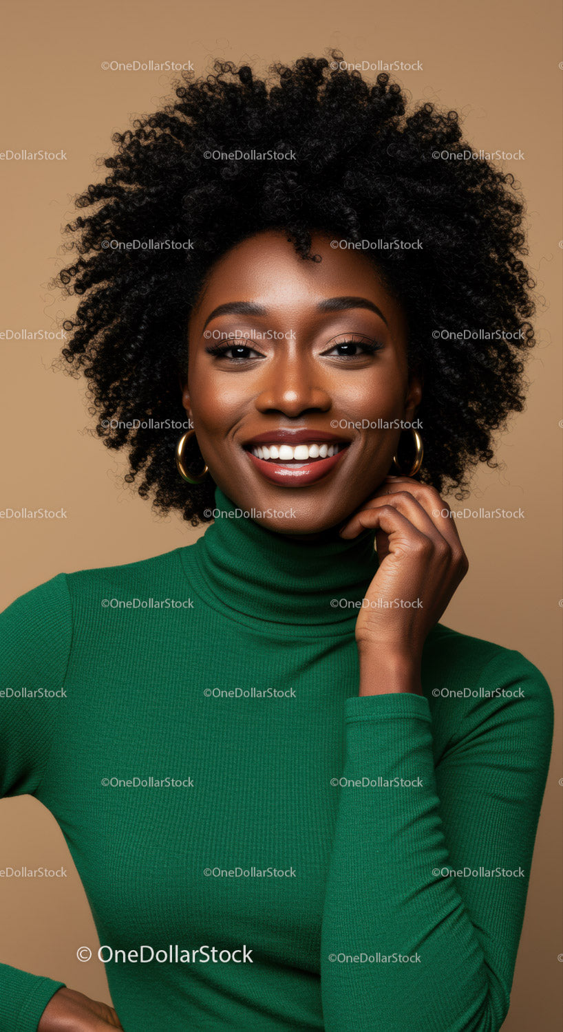 Vibrant African American Woman with Curly Hair in Green Turtleneck