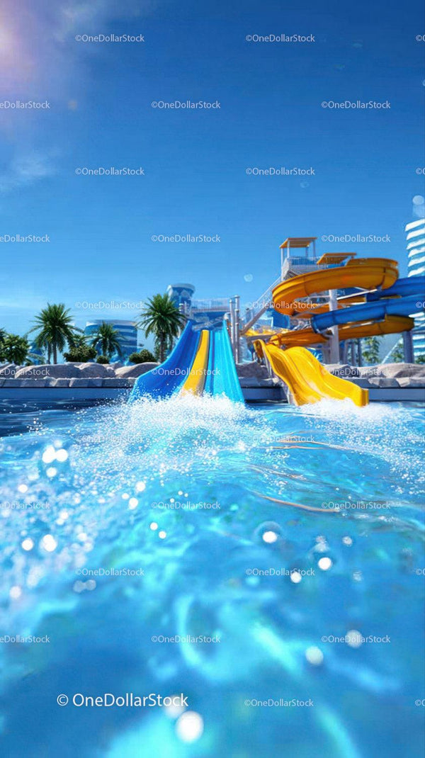 Colorful Water Slides at Modern Water Park Under Blue Sky