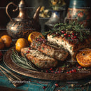Gourmet Fish Dish with Pomegranate and Fresh Herbs on Vintage Plate