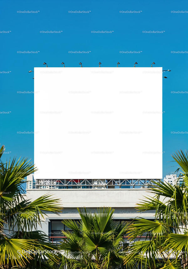 Empty white billboard above tropical palm trees JPG Mockup Image