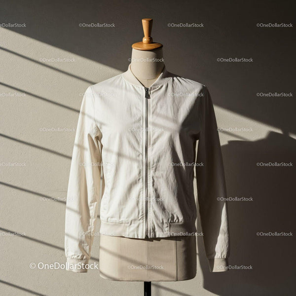 Minimalist White Bomber Jacket on Tailor Mannequin JPG Mockup Image