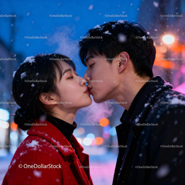 Romantic Couple Sharing a Kiss on Snowy Winter Night