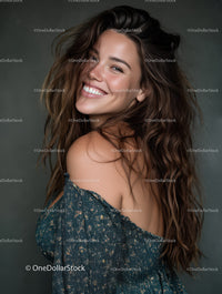 Joyful Woman with Curly Hair Smiling in Casual Fashion Portrait