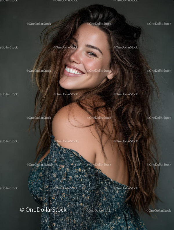 Joyful Woman with Curly Hair Smiling in Casual Fashion Portrait
