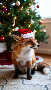 Fox wearing Santa hat near decorated Christmas tree
