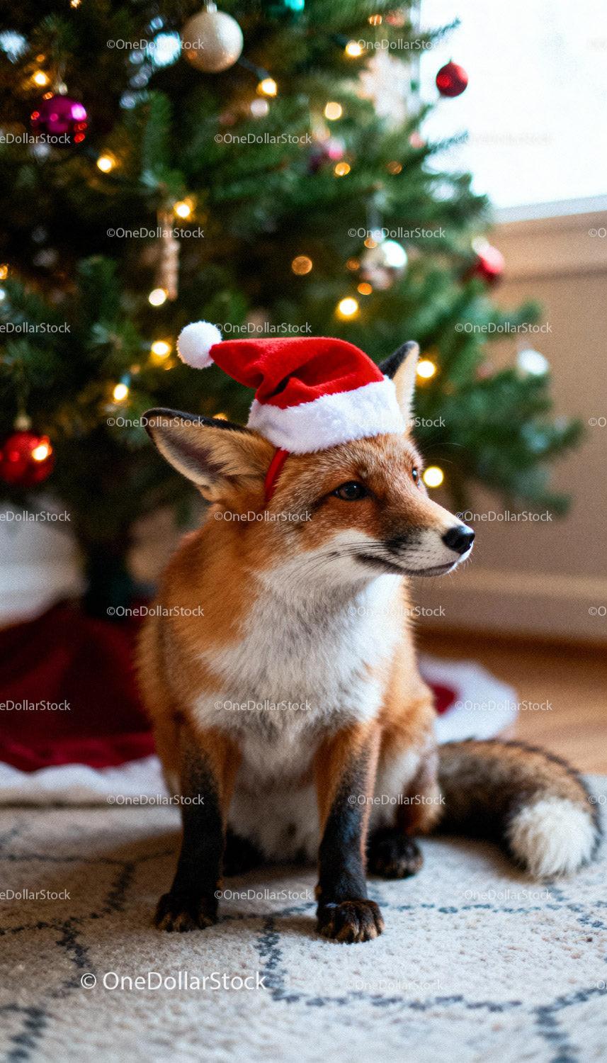 Fox wearing Santa hat near decorated Christmas tree