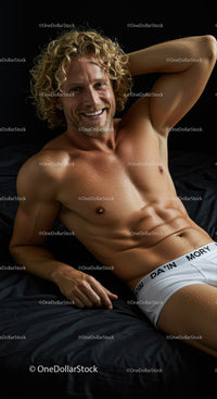 Smiling muscular man relaxing on black bed linen