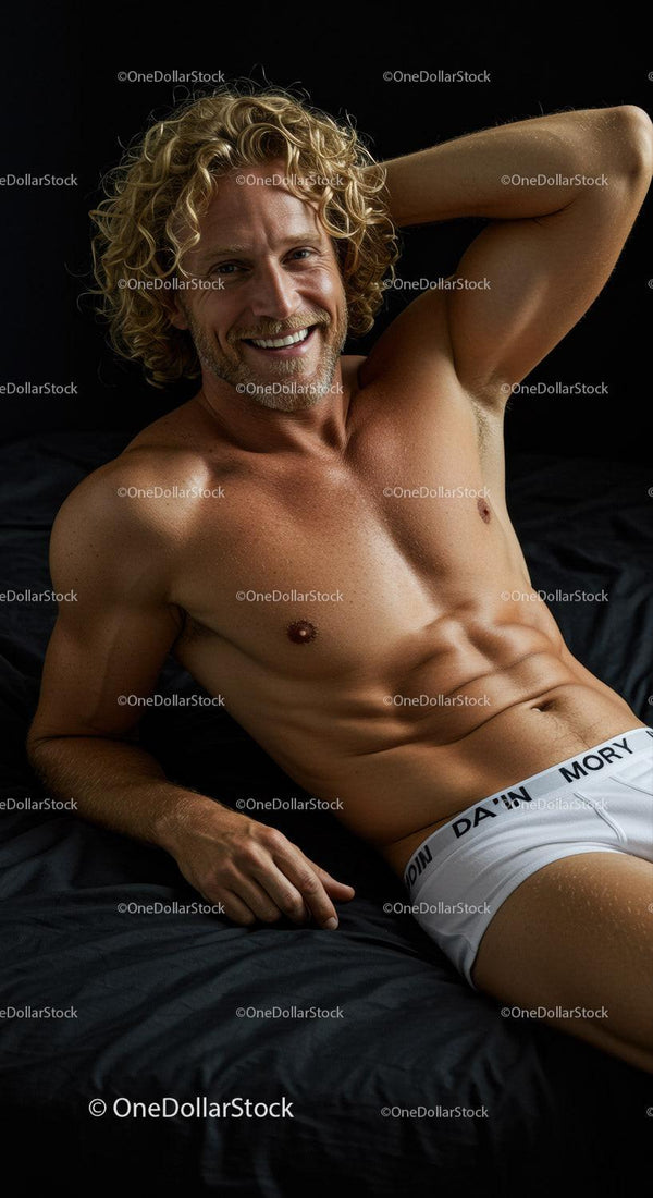 Smiling muscular man relaxing on black bed linen