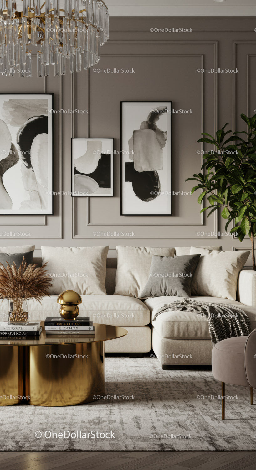 Elegant living room with cozy sofa and gold accents