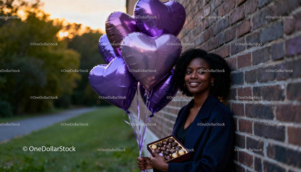 Smiling woman holding heart balloons and chocolates outdoors