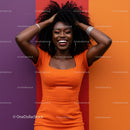 Joyful Woman with Curly Hair in Vibrant Orange Dress on Colorful Background