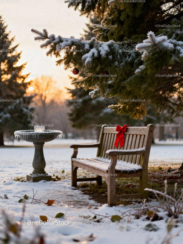 Frosty Winter Bench with Red Bow at Sunset