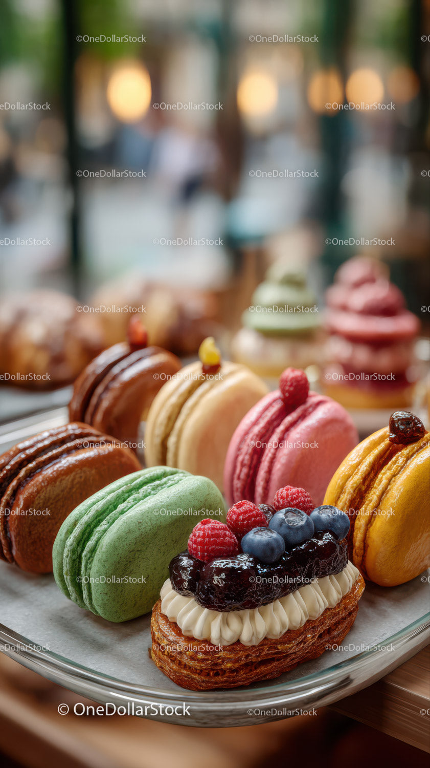 Colorful Assorted Macarons and Fruit-Topped Pastry Display