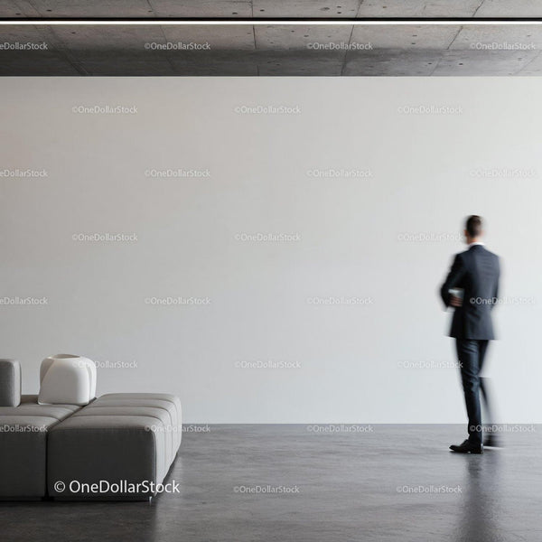 Businessman walking in modern minimalist interior space JPG Mockup Image