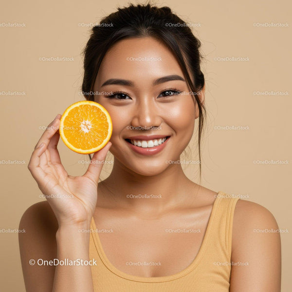 Vibrant Portrait of a Smiling Woman Holding Fresh Orange Slice