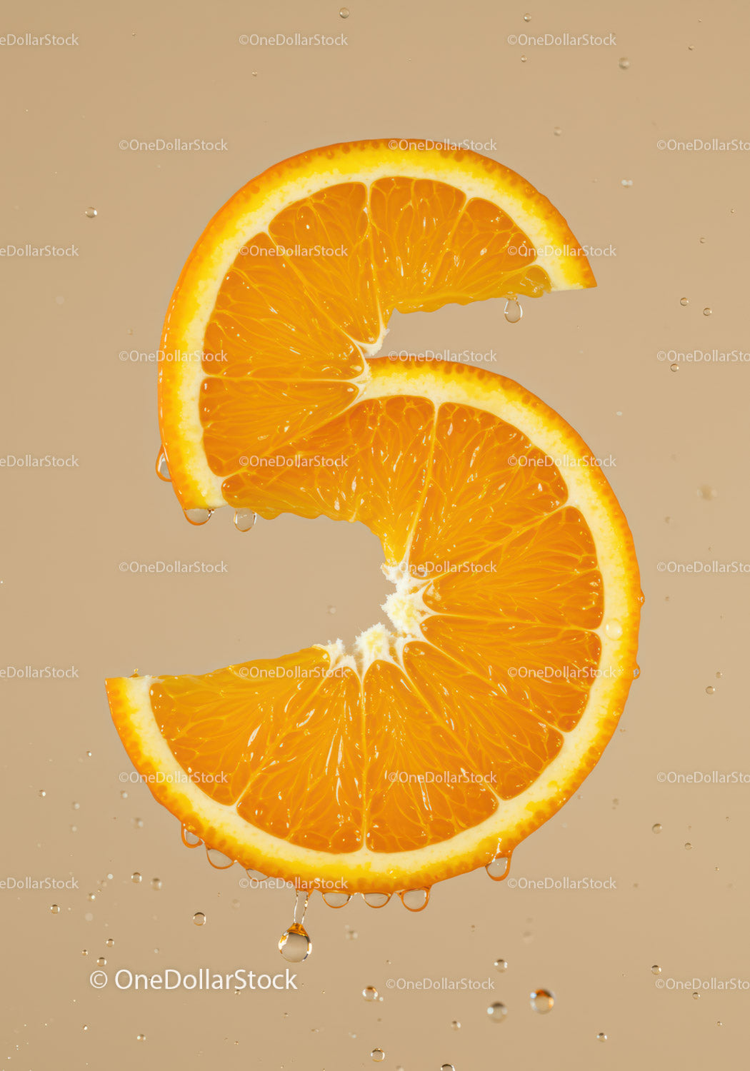 Fresh orange slice shaped as number five with water drops