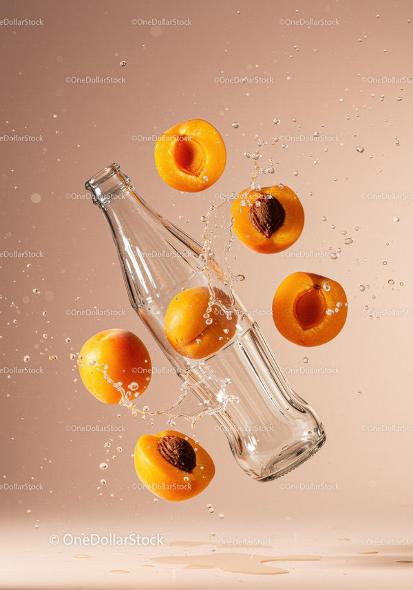 Fresh apricots splashing around empty glass bottle