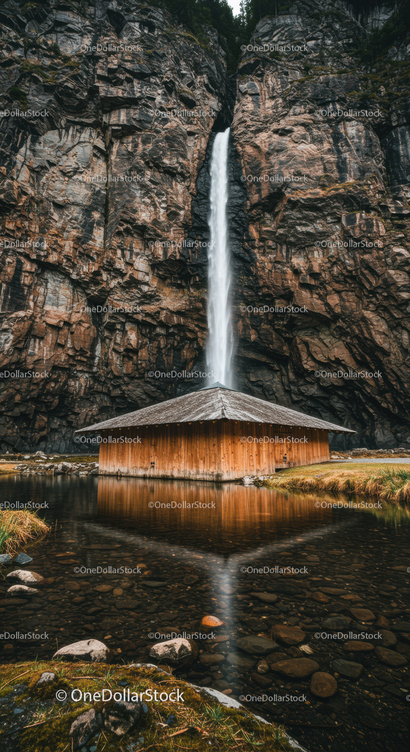 Majestic Waterfall Over Rocky Cliff with Wooden Hut in Mountain Scene