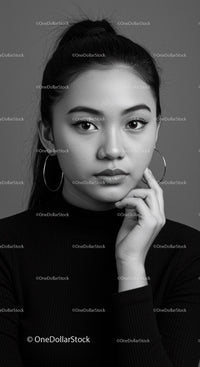 Elegant Black and White Woman Portrait with Hoop Earrings