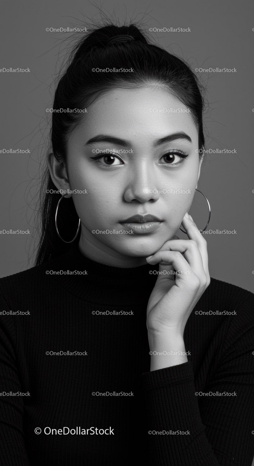 Elegant Black and White Woman Portrait with Hoop Earrings