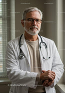 Senior Male Doctor with Stethoscope in Medical Clinic