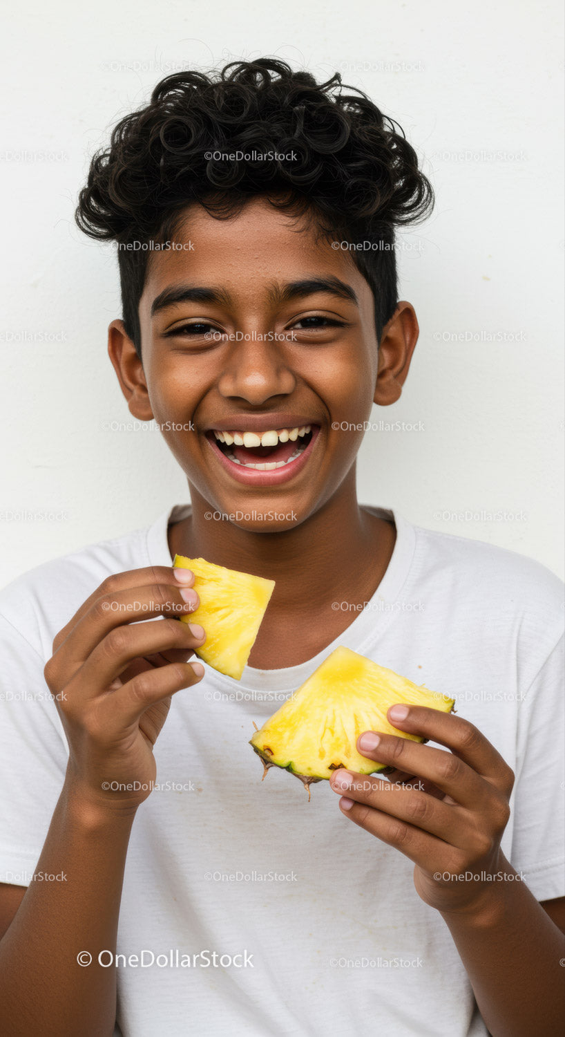 Joyful Boy with Fresh Pineapple Looking Cheerful and Smiling
