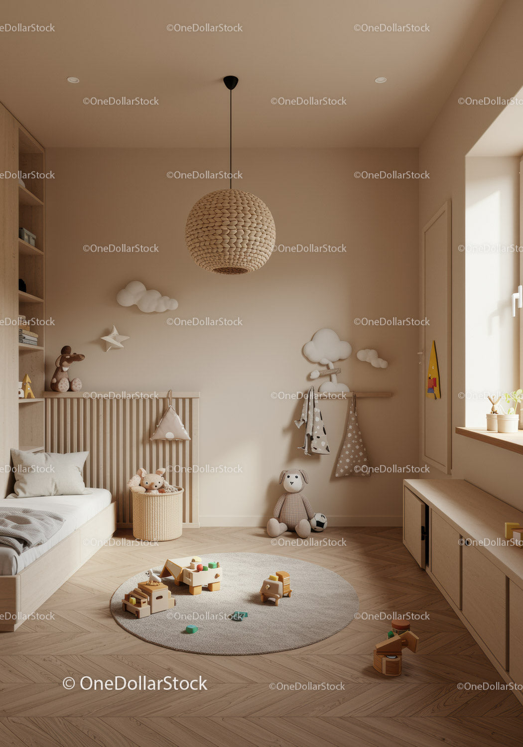 Cozy Children's Nursery with Plush Toys and Cloud Wall Decor