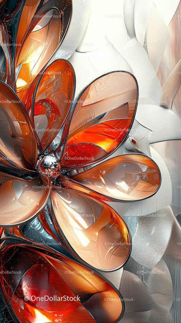 Abstract Glass Flower with Metallic Petals and Vivid Orange Highlights