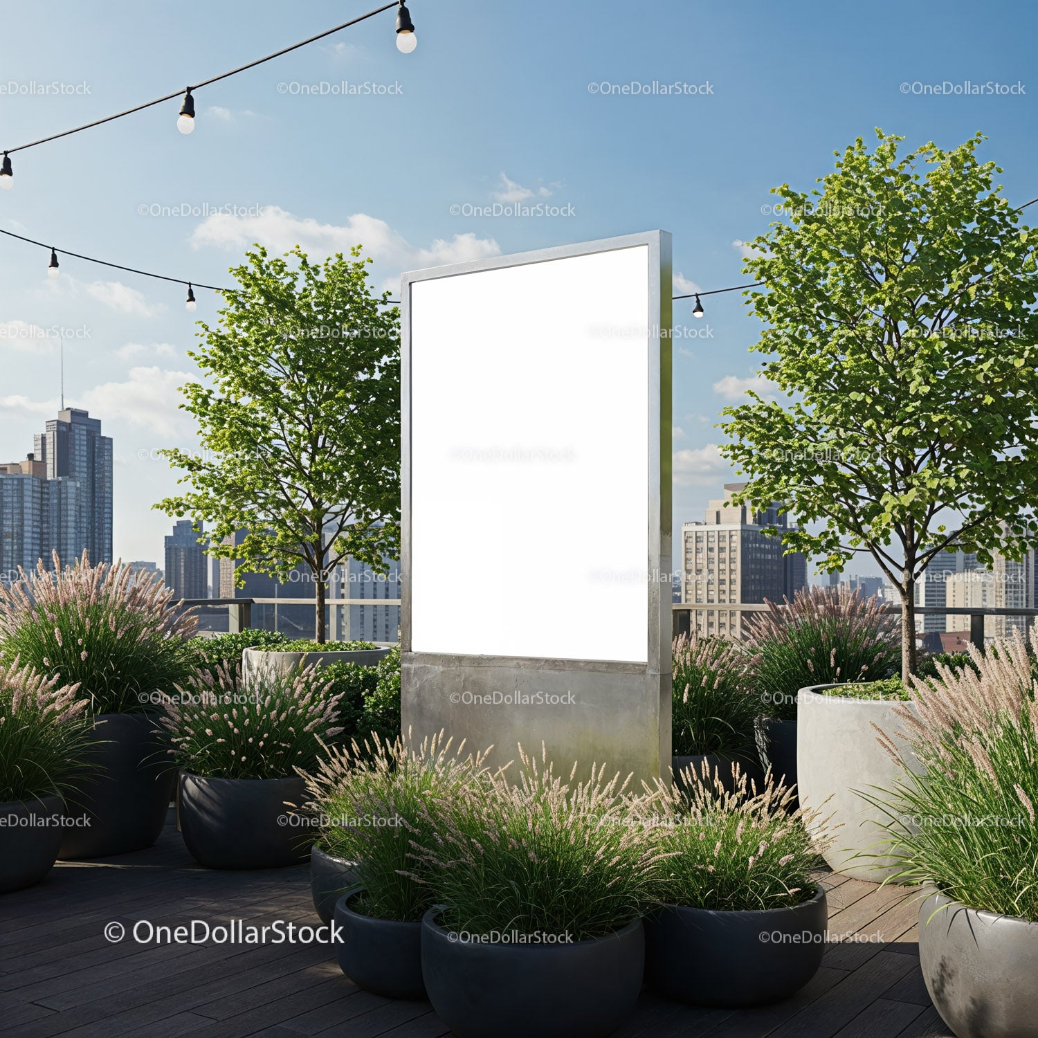 Urban rooftop blank billboard surrounded by green plants