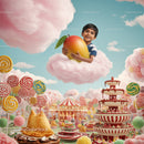 Joyful Boy Floating on Cotton Candy with Giant Mango