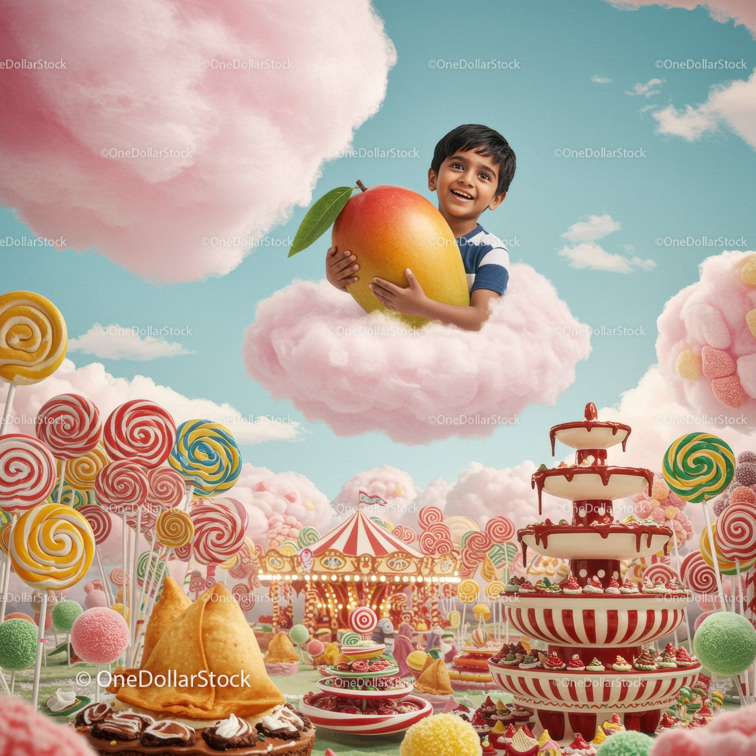 Joyful Boy Floating on Cotton Candy with Giant Mango