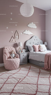 Cute Child's Nursery with Cloud Wall Decor and Pink Accents